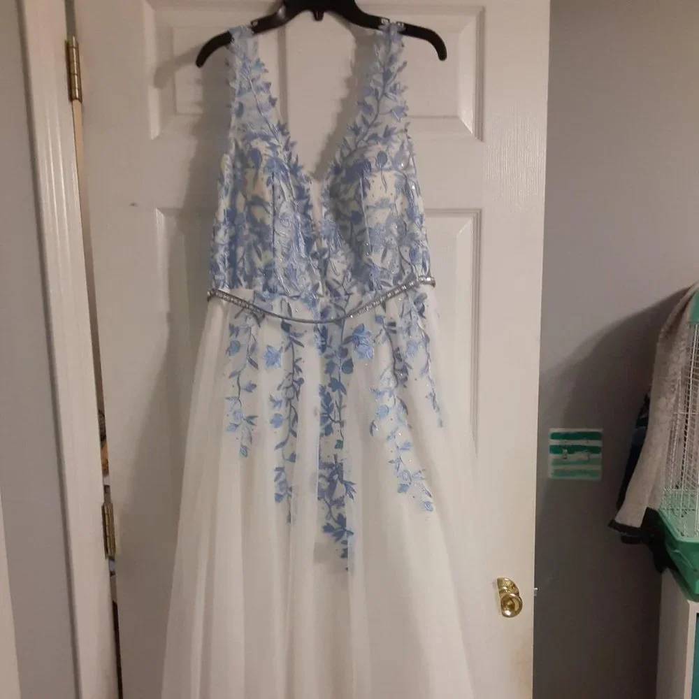 White Prom Dress with Blue Flower Embroidery - Picture 2 of 6